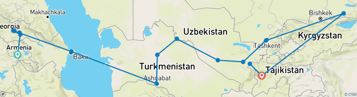 Map of Caspian Odyssey by Private Jet, Luxury Train & Tajikistan Extension – LUXURY RAIL