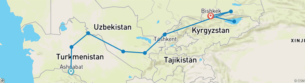 Kaart van Juwelen van de Zijderoute & Uitbreiding naar Kirgizië - LUXURY RAIL