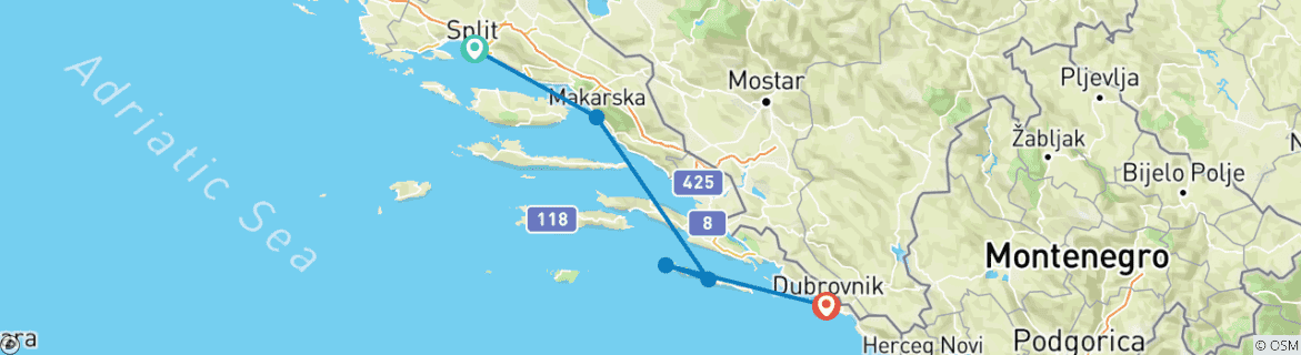 Karte von Mini-Kreuzfahrt von Split nach Dubrovnik Superior 3 Tage