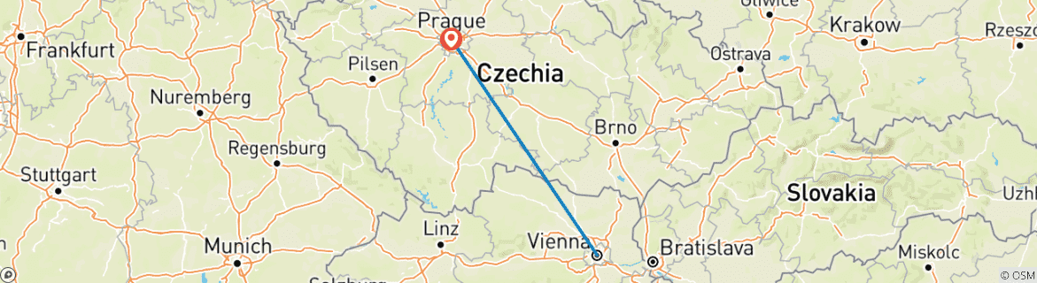 Mapa de 7 días Viena y Praga en tren