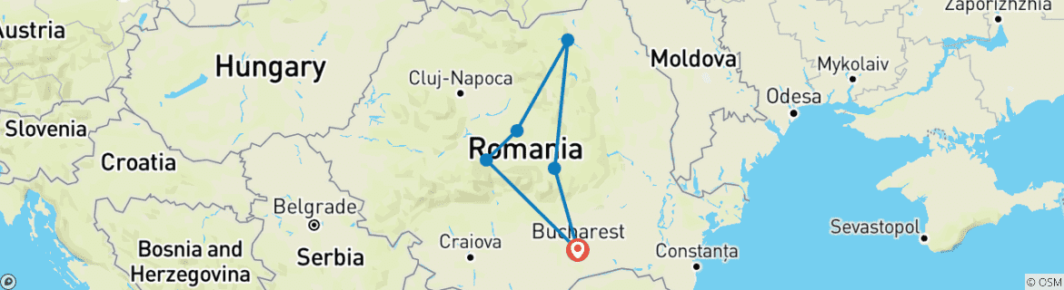 Map of Romania Bucharest - Moldavian Monasteries - Transylvania