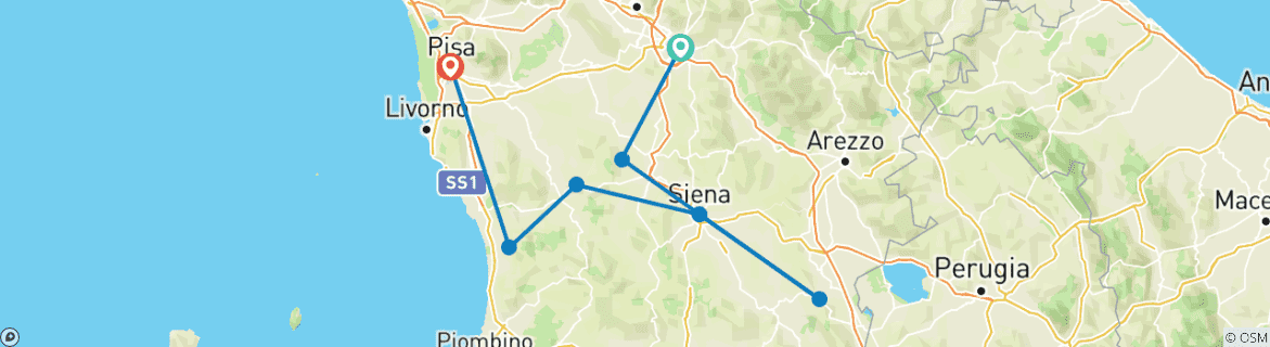 Mapa de Encantos de la Toscana en coche 7días/6noches