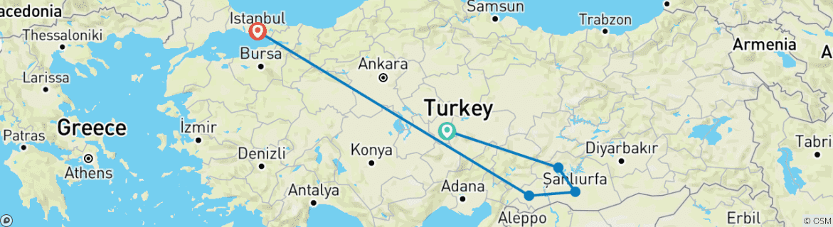 Map of Gobeklitepe and Mt Nemrut Tour (5 destinations)