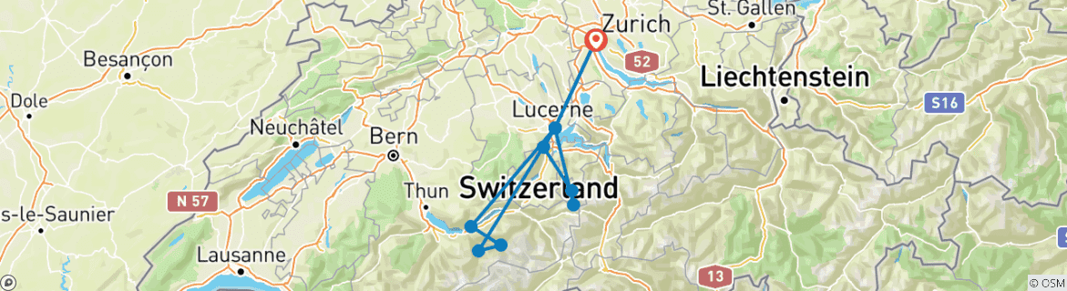 Carte du circuit Tour de Suisse depuis Zurich en 3 jours