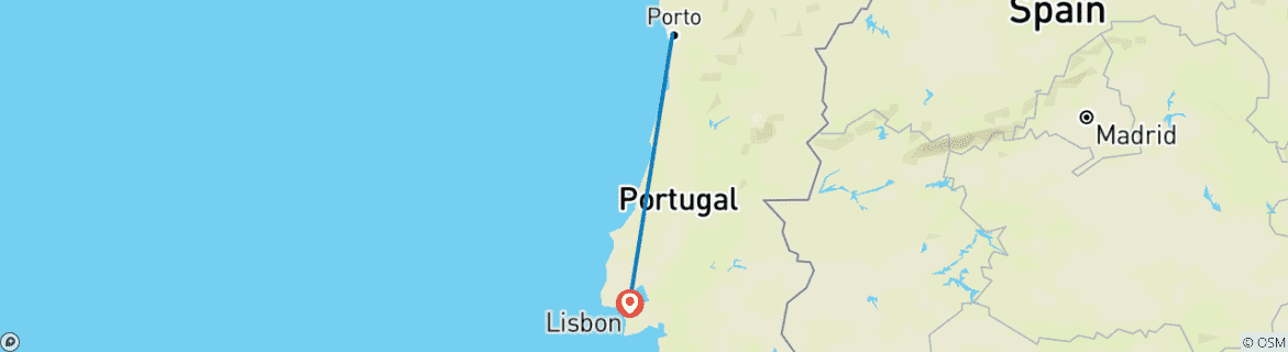 Kaart van 7 Dagen Porto en Lissabon met de trein