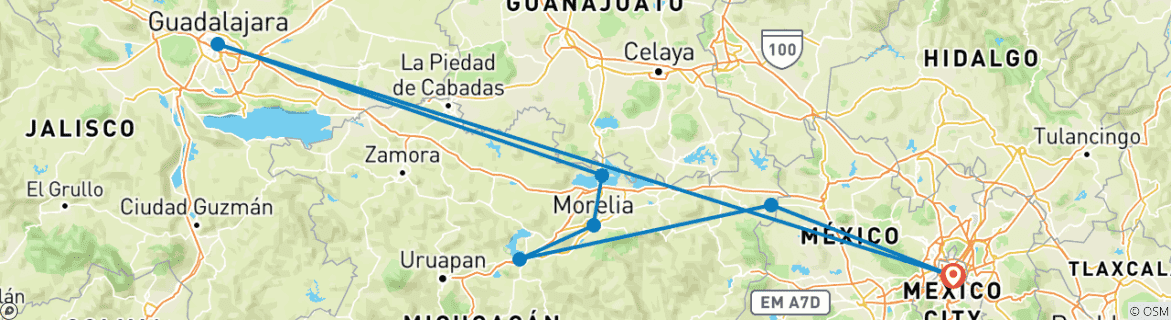 Carte du circuit Capitales du Mexique (including Tlalpujahua de Rayón)