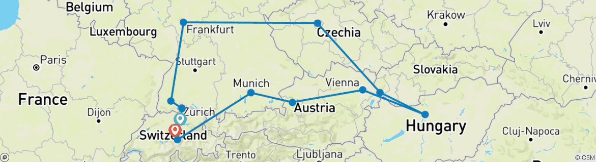 Map of Central Europe Highlights from Zurich (Swiss Alps, Lucerne, Vienna) in 7 days