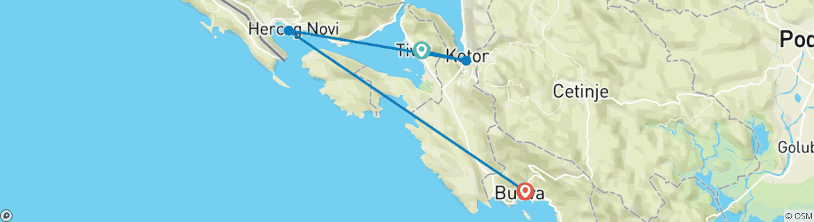 Map of Tivat to Budva