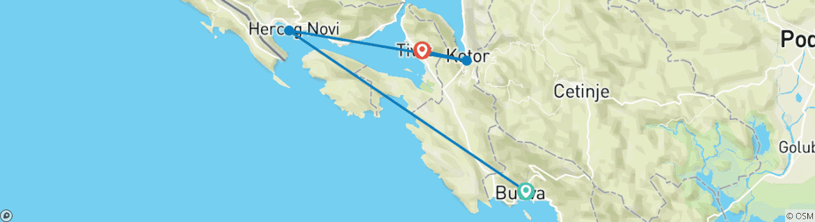 Map of Budva to Tivat