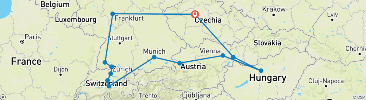 Map of Central European Gems: Prague to Zurich (Charming Towns, Alpine Scenery) in 7 days