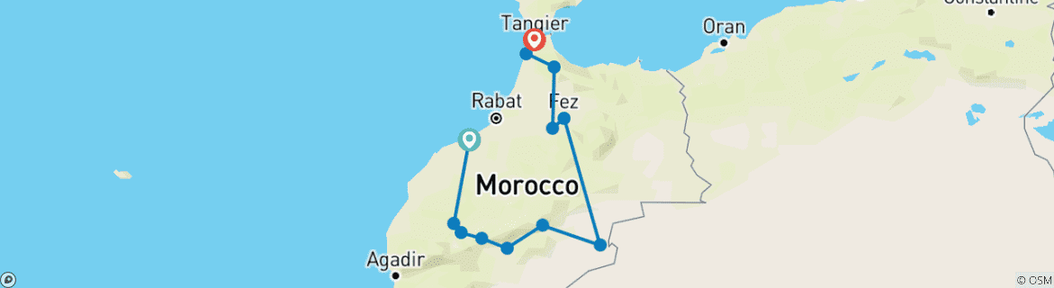 Image of a map showing the route of the tour