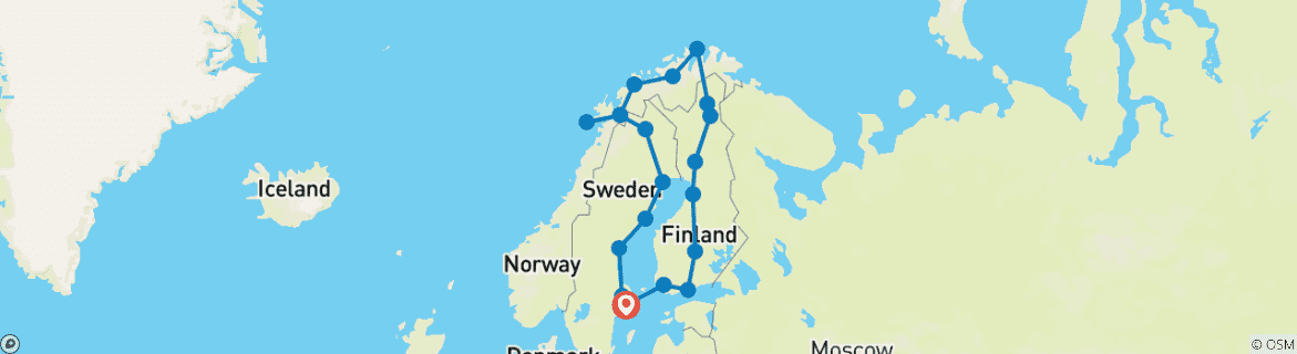 Kaart van 14 dagen Zweden, Finland, Noorwegen rondreis Scandinavië