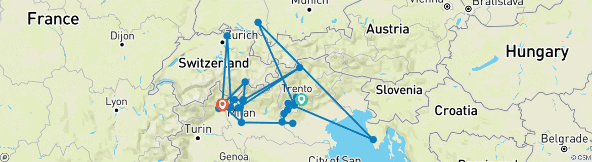 Mapa de Visita en coche Los siete lagos más encantadores del norte de Italia