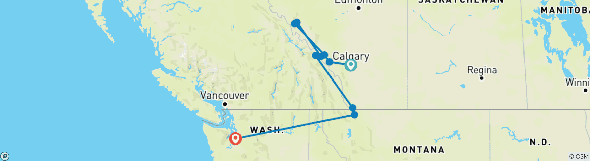 Map of 8-Day USA-Canada National Parks Tour: Banff, Yoho, Columbia Icefield, Jasper, Waterton, Glacier, & Going-to-the-Sun Road | Small Group Tour from Calgary to Seattle