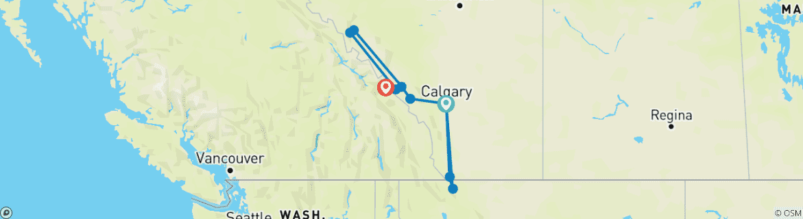 Carte du circuit Petit groupe de 14 personnes - Circuit de 7 jours dans les Rocheuses entre les États-Unis et le Canada - Banff, Jasper, Waterton, Glacier et plus encore - Calgary aller-retour