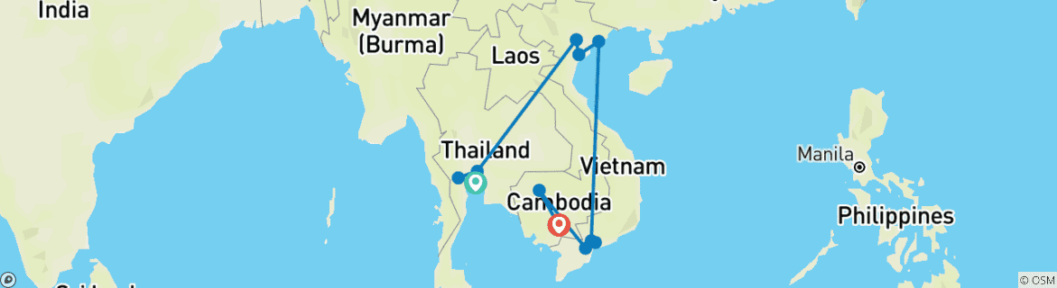 Mapa de Extraordinario viaje Tailandia - Vietnam - Camboya en 14 días