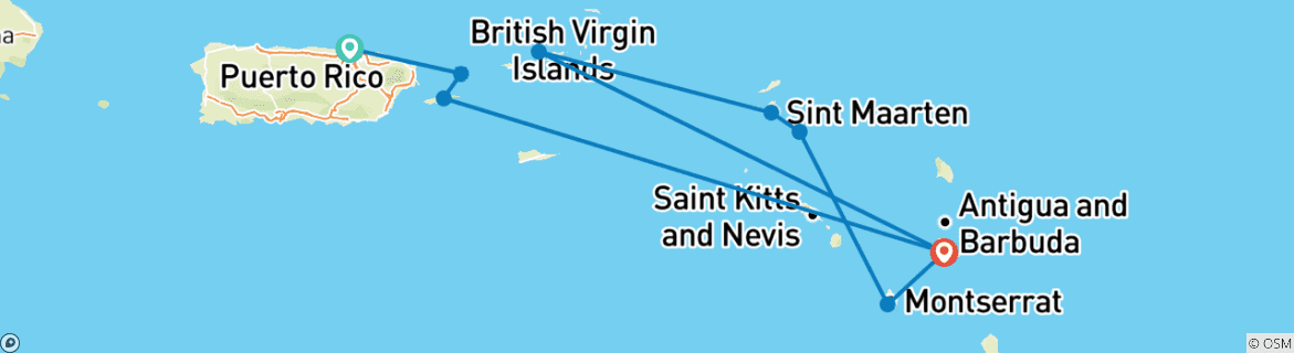 Map of Caribbean Yachting Hideaways 2025 - 8 Days (18 destinations)