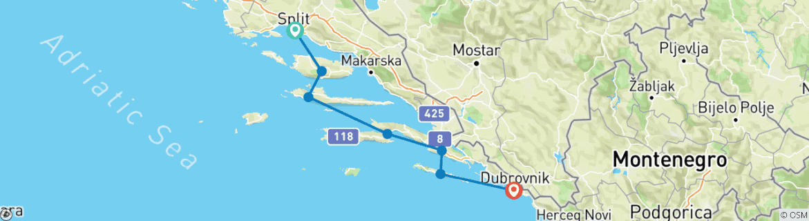 Carte du circuit Vacances à pied dans les îles croates | De Split à Dubrovnik