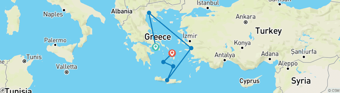 Carte du circuit Croisière de 8 jours vers Kusadasi, la Crète, Santorin, Milos et Mykonos au départ d'Athènes