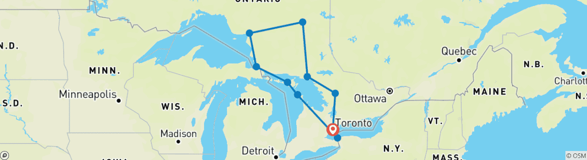 Carte du circuit Terre, lacs et légendes : Une expérience complète de voyage en Ontario