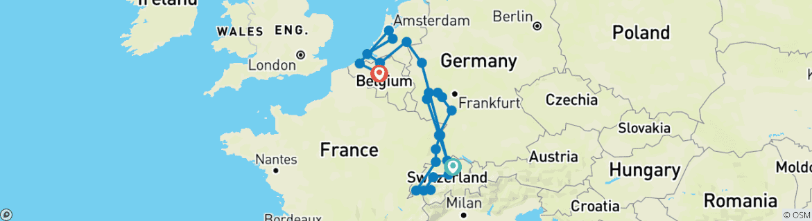 Mapa de Rin y Mosela románticos con Suiza y Brujas 2026 - 22 Días (from Zúrich to Bruselas)