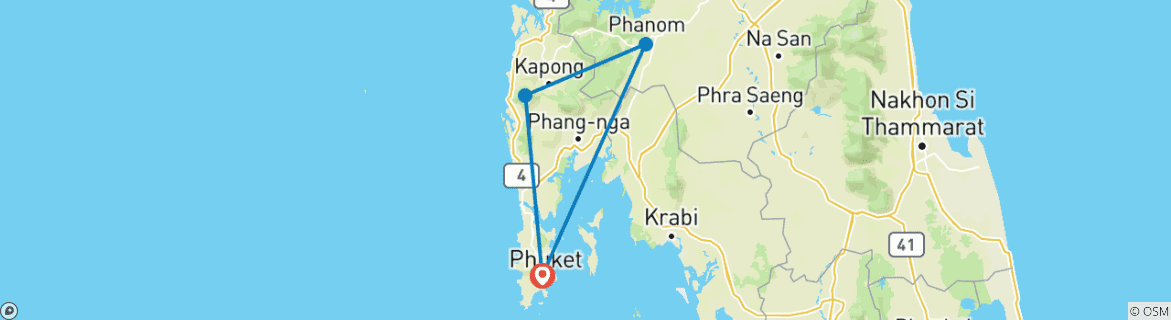 Carte du circuit Thaïlande du Sud 10 jours d'aventure et de sérénité : Phuket, Khao Sok et Khao Lak