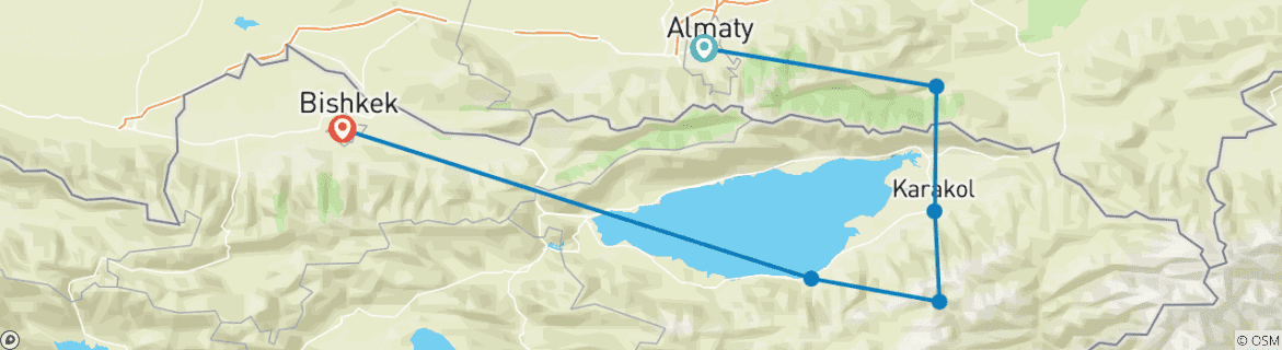 Map of 7 days and  6 nights Almaty - Bishkek tour