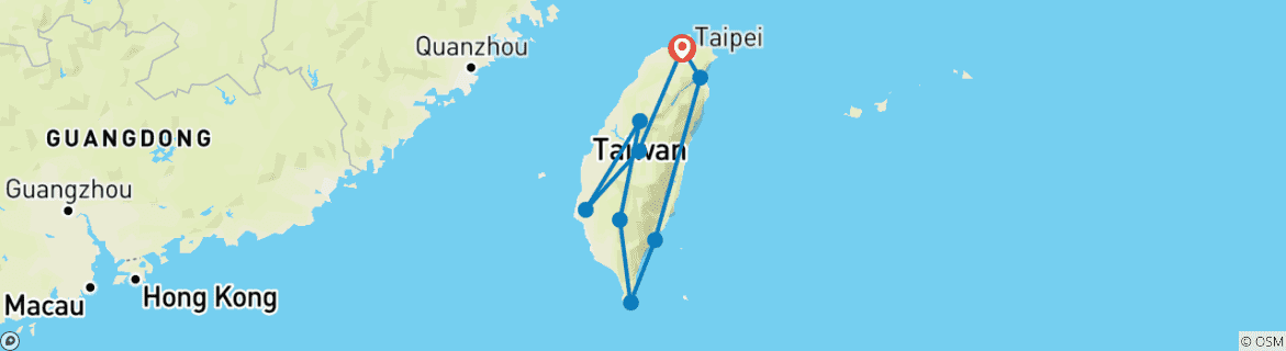 Carte du circuit Taïwan : Taipei, lac Sun Moon, Tainan, Kaohsiung, Kenting, Taroko - 8 jours