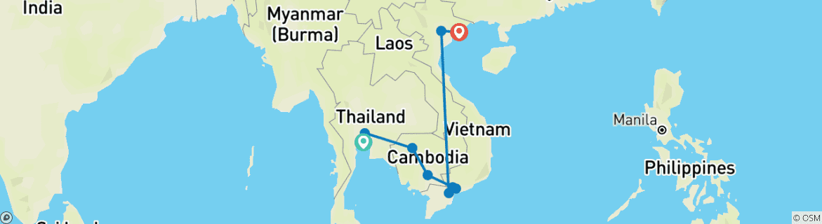 Mapa de Libera el Espíritu del Sudeste Asiático: Tailandia, Camboya y Vietnam en 14 días