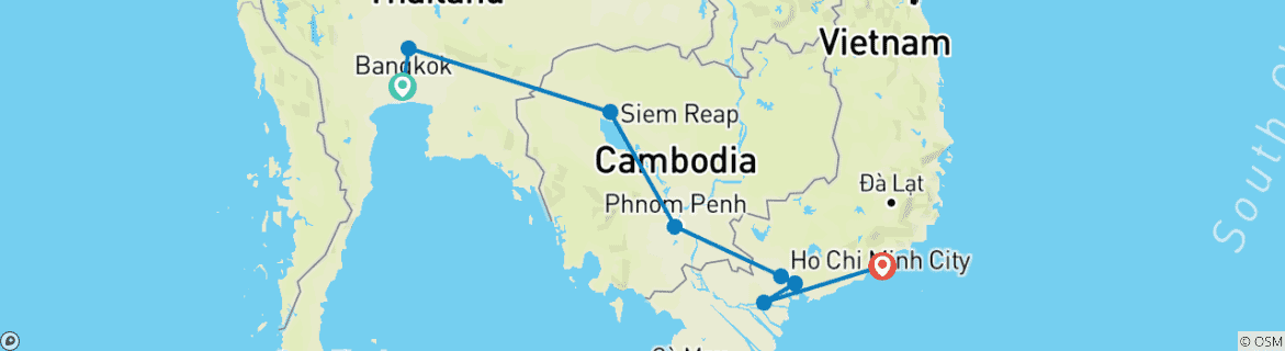 Mapa de Viaje a través de la historia, la cultura y las playas de Tailandia, Camboya y Vietnam en 14 días