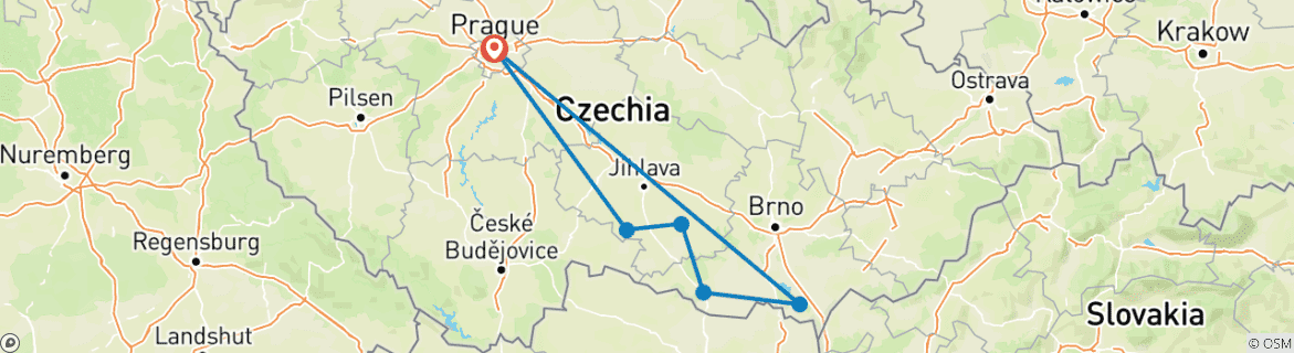Carte du circuit Prague et la Moravie du Sud à un rythme facile - 6 jours (UNESCO et vin)