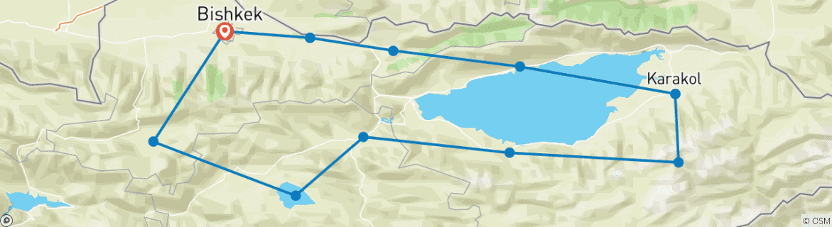 Map of 14 days tour in Kyrgyzstan