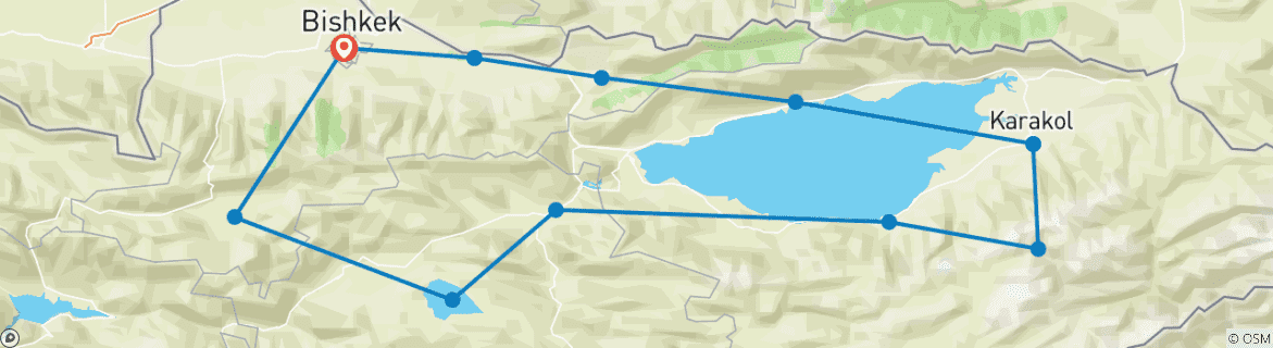 Map of 14 days tour in Kyrgyzstan