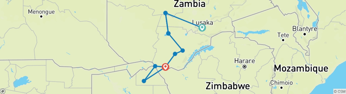 Karte von 11 Tage großartige Safari-Expedition: Busanga-Ebene, Kafue, Mosi-oa-Tunya (Sambia), Chobe (Botswana) und die Victoriafälle (Simbabwe).