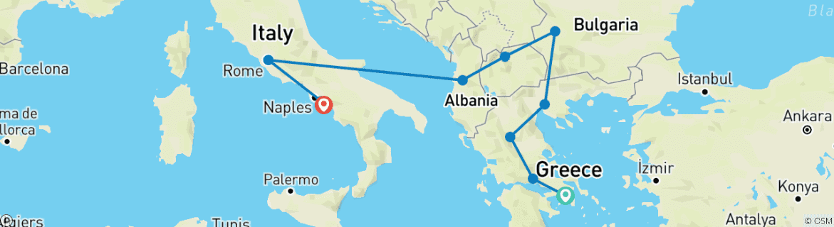 Carte du circuit IT - Athènes à Rome et Amalfi - Circuit Grèce, Balkans et Italie avec 1 vol inclus