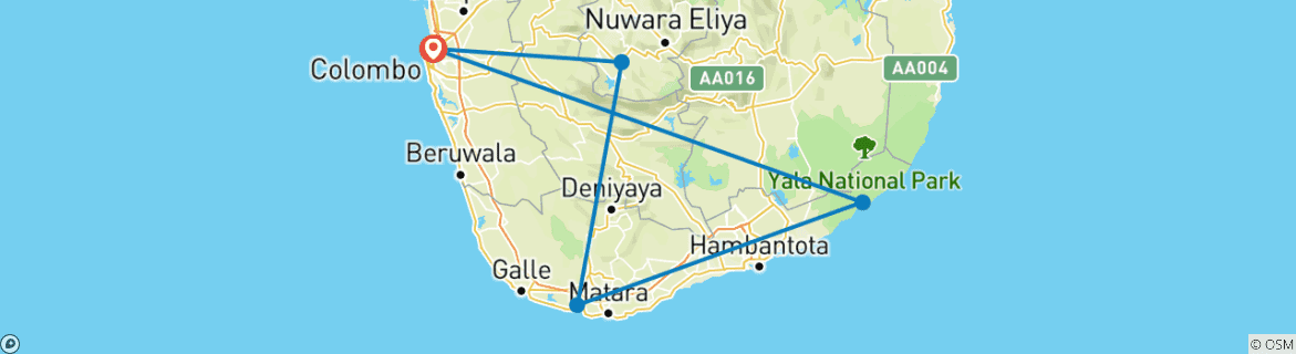 Map of 10 Day Sri Lanka Including Hatton, Weligama, Yala And Colombo