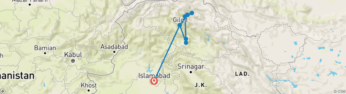 Map of Trekking tour to Nanga parbat Base Camp, Rakaposhi Base Camp and Patundas Pakistan