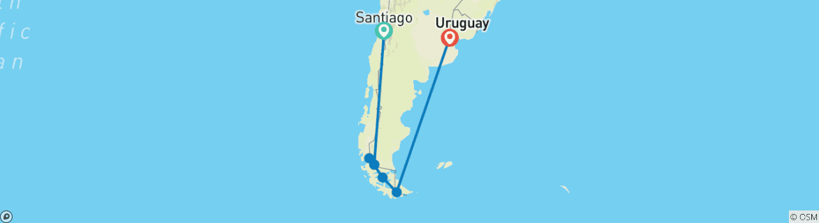 Carte du circuit Chili & Argentine : le road trip Patagonia rencontre la Terre de Feu (7 destinations)