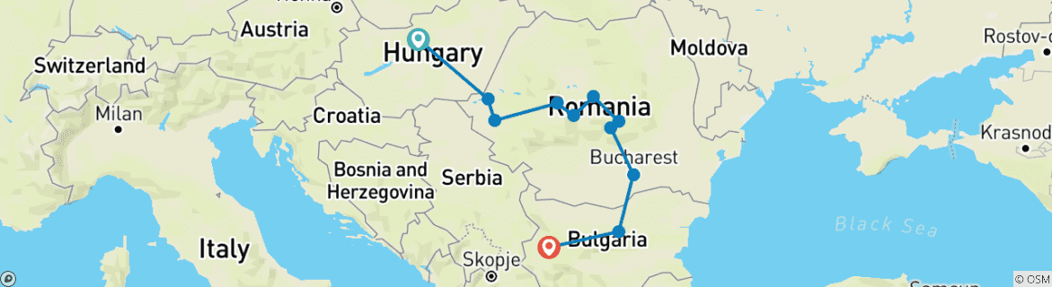 Map of Budapest & Transylvania Bucharest and Sofia - 3 Capital Cities tour