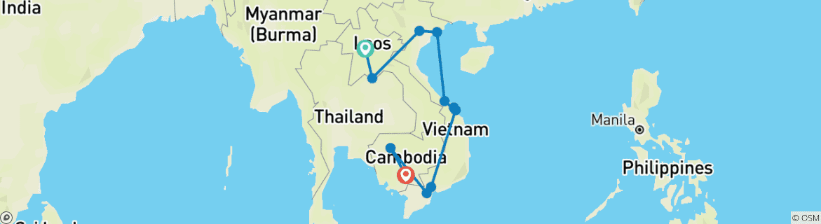 Map of Unveiling Indochina: Laos – Vietnam – Cambodia in 21 Days