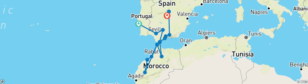 Image of a map showing the route of the tour
