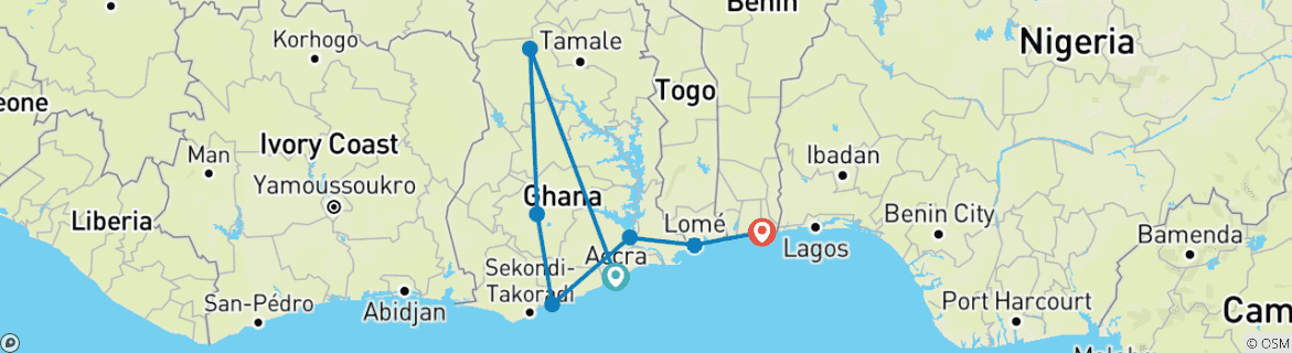 Carte du circuit Circuit culturel au Ghana, au Togo et au Bénin