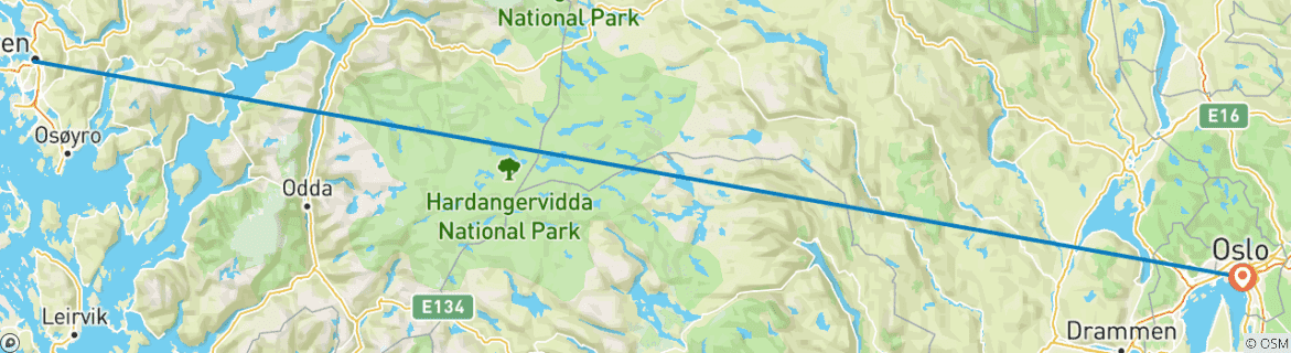 Map of Bergen and Oslo in a week via Flam