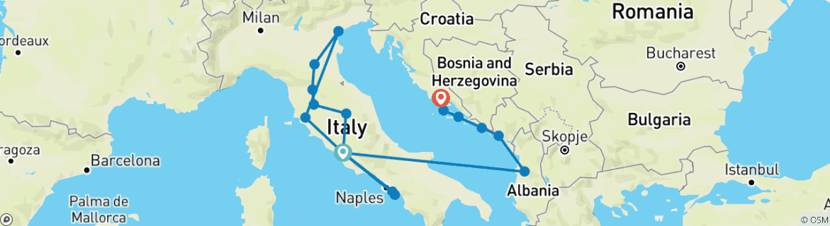 Mapa de Rica ruta en velero por Italia y Croacia (vuelo incluido) con Montenegro y Albania