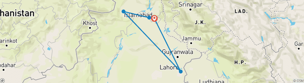 Image of a map showing the route of the tour