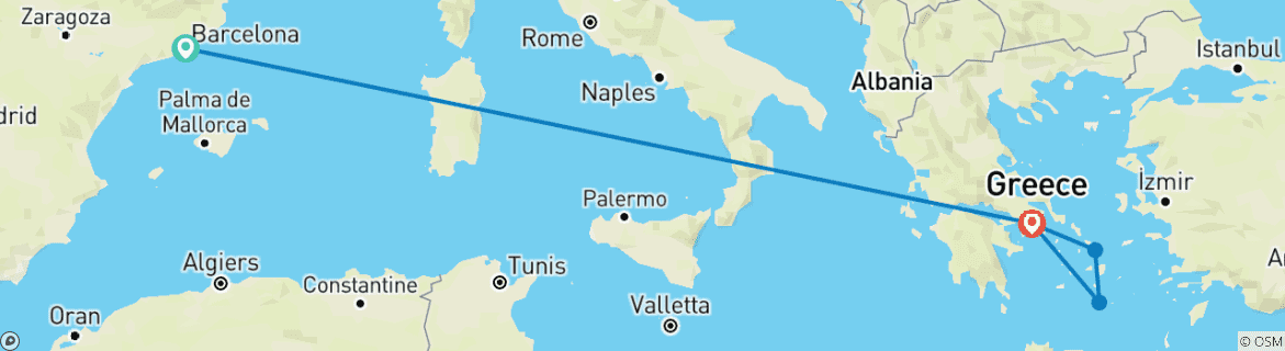Carte du circuit Merveilles de la Méditerranée - Barcelone, Athènes, Mykonos et Santorin