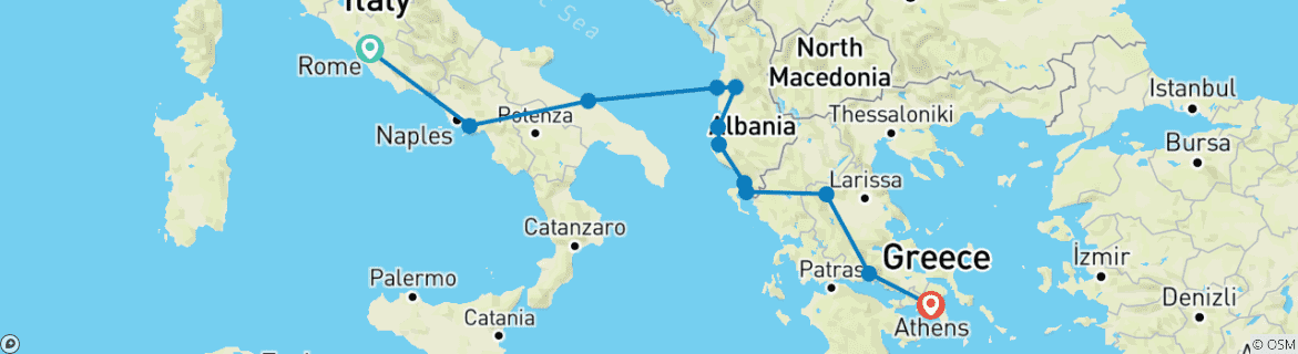 Map of The Ancient World Tour: Italy - Albania - Greece