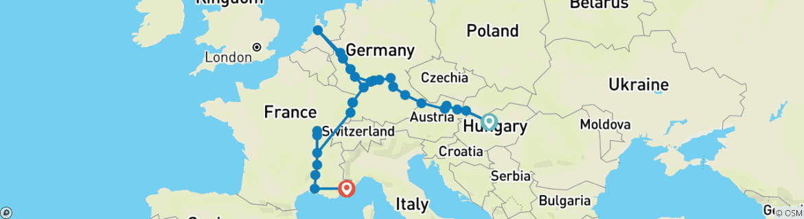 Mapa de Descubre los ríos de Europa 2026 - 29 Días (from Budapest to Bonito)