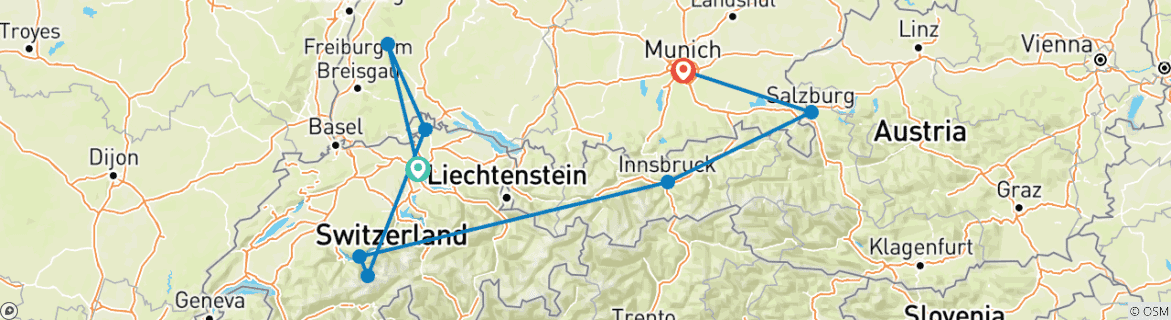 Karte von 13 Tage Zürich, Interlaken, Innsbruck, Salzburg und München und vieles mehr.