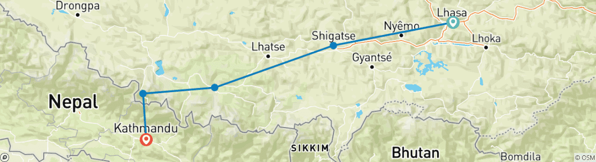 Mapa de Viaje por tierra de Lhasa a Katmandú